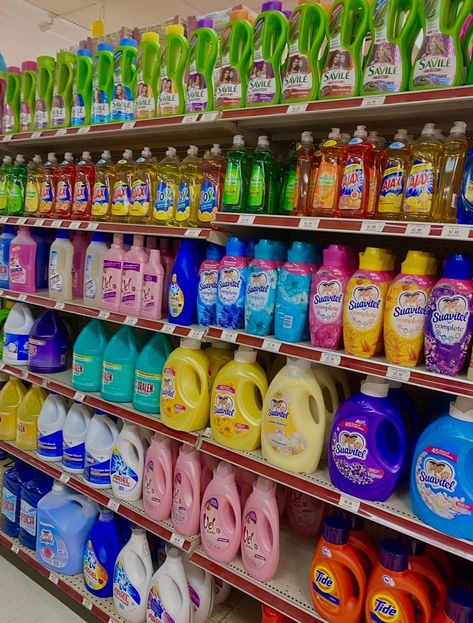 Cleaning supplies laundry detergent pink blue green yellow orange colors on store aisle Mexican Grocery Store Aesthetic, Mexican Cleaning Aesthetic, Dollar Store Aesthetic, Mexican Store Aesthetic, Aesthetic Cleaning Supplies, Cleaning Supplies Aesthetic, Aesthetic Grocery Store, Mexican Household, Groceries Aesthetic