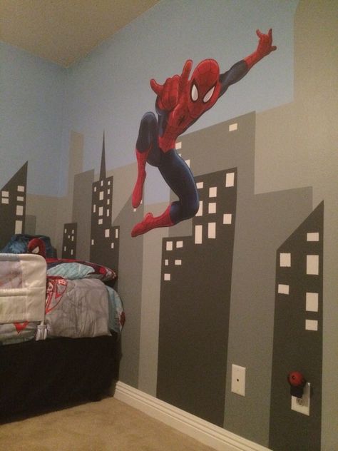 Spiderman Mural, Spiderman Room Ideas, Spiderman Kids Room, Spiderman Room Decor, Spiderman Bedroom, Man Bedroom, Spiderman Room, Superhero Bedroom, Superhero Room