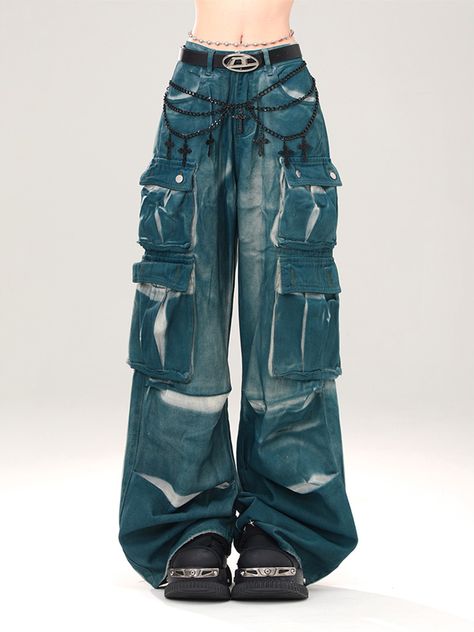 These pants feature a distressed, washed design with cargo pockets, making them highly practical. The wide-leg cut is flattering and stylish.Elevate your casual style with these distressed cargo pants. The washed design gives them a cool, lived-in look, while the cargo pockets add functionality. The wide-leg cut is not only on-trend but also flattering, making them a versatile addition to your wardrobe. Whether you're running errands or hanging out with friends, these pants are sure to make a st Wide Leg Jeans Street Style, Unique Sewing Patterns, Jeans Street Style, Cargo Pants Outfit, Concept Clothing, Stylish Pants, Tomboy Style Outfits, Womens Tie, Tomboy Fashion