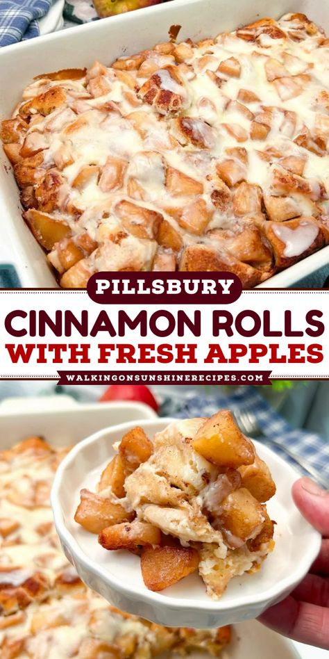 If you're looking for a breakfast or brunch dish that's sure to impress, look no further than this Pillsbury Cinnamon Roll Casserole with Fresh Apples. Apple Cinnamon Bun Breakfast Casserole, Cinnamon Rolls With Apples Pillsbury, Cinnamon Roll French Toast Bake Pillsbury, Easy Breakfast Ideas With Apples, Cinnamon Rolls Apple Pilsbury, Pillsbury Cinnamon Roll Recipes Apple Pie Filling, Apple Recipes With Cinnamon Rolls, Pillsbury Cinnamon Roll Apple Pie, Easy Cinnamon Roll Casserole Pillsbury