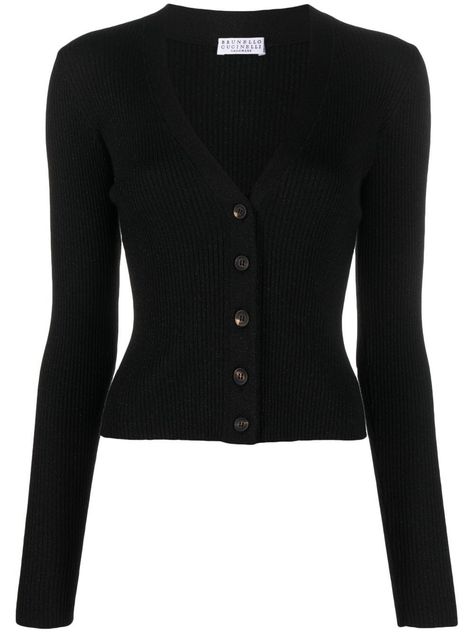 black cashmere-silk blend metallic effect ribbed knit V-neck long sleeves front button fastening straight hem Tight Cardigan Outfit, Twilight Outfits, Fancy Tops, Rib Knit Cardigan, Fitted Cardigan, Causal Outfits, Black Knit Sweater, Cardigan Outfits, V Neck Cardigan