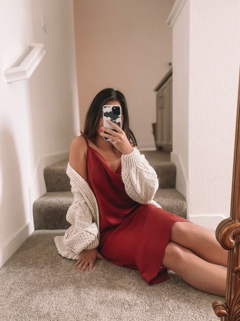 red slip dress under $30! Pair with a chunky caridgan for the perfect at-home Valentine’s day look #valentinesday #valentinesoutfit #reddress #slipdress Red Slip Dress Outfits, Red Satin Slip Dress, Slow Fashion Clothes, Slip Dress Outfit, Red Slip Dress, Breathable Clothes, Satin Slip, Satin Slip Dress, Fancy Outfits