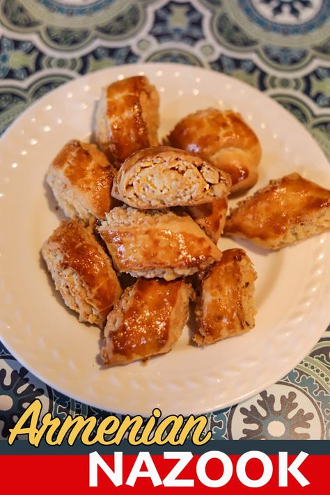 Nazook are wonderful Armenian Pastries, with a crispy, flaky crust, wrapped around a buttery, sweet roux-based filling. Traditionally, Nazook (or Nazookeh) are served for the holidays and when company arrives, and always accompanies by a hot cup of Chai. #nazook #nazookrecipe #hildaskitchenblog Nazook Recipe, Pancake Recipies, Assyrian Food, Armenian Food, Persian Recipes, Armenian Recipes, European Recipes, Walnut Cookies, Holiday Goodies