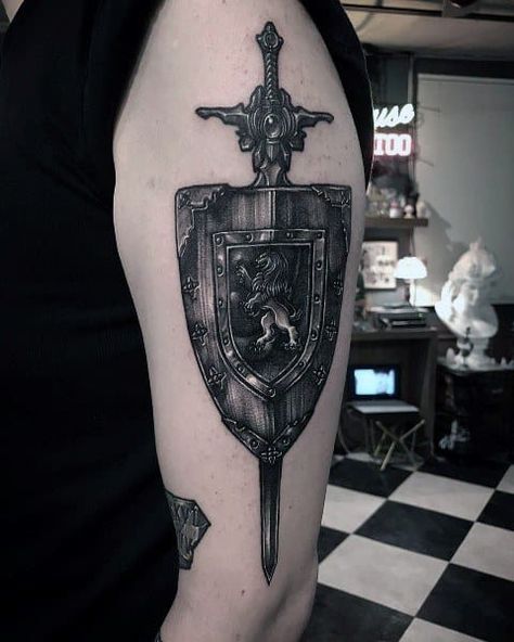 Top 70 Best Shield Tattoo Design Ideas For Men - Armor Body Art Shield Tattoos For Men, Armor Sleeve Tattoo, Men Armor, Armor Of God Tattoo, Armour Tattoo, British Tattoo, Shoulder Armor Tattoo, Scottish Tattoos, Shield Tattoo