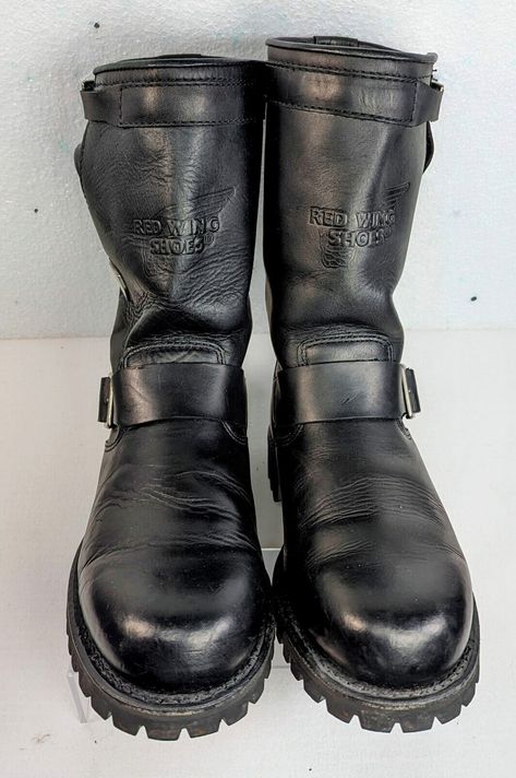 Used condition, overall very good. general wear from the previous usage. All the photos show the actual time and part of the description. Please carefully study all before purchasing, so that you are also aware of the condition of the boots. Thank you. Red Wing Shoes: Mens Black Engineer Motorcycle Boots Stock No 970 UK Size 6.5 USA 7.5 EU 40 E2 Fire up that hog. These ~Red Wing 970 Men's 10-inch Black Biker Engineer Boots are certain to rev up your ride style. Tough, functional and handsome, this pair is made for the open road. The uppers on these sleek black Motorcycle Boots are made from supple, water-resistant full-grain leather to ensure they stand up to the toughest wear and tear. From the relaxed Sunday ride around town to a wild Saturday night bike rally, they'll keep you covered a Mens Motorcycle Fashion, Engineer Boots Men, Black Motorcycle Boots, Bike Boots, Bike Rally, Mens Motorcycle Boots, Night Biking, Fit Over 40, Engineer Boots