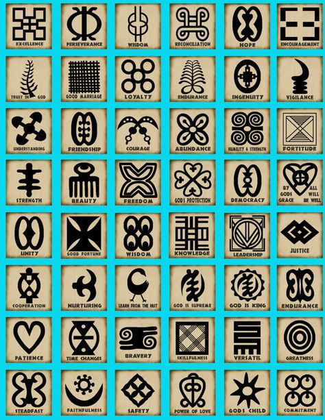 African symbols known as adinkra are ubiquitous in Ghana, a beautiful West African country on the Atlantic, situated between Cote d'Ivoire and Togo. On cloth and walls, in pottery and logos, these Asante tribe symbols can be found everywhere. Adinkra Cloth, Mode Logos, African Tattoo, African Symbols, Different Symbols, African Origins, Adinkra Symbols, Afrikaanse Kunst, Symbols And Meanings