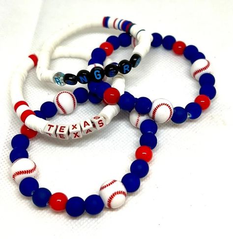 Texas Rangers Baseball, Rangers Baseball, Alphabet Beads, Fan Accessories, Bead Bracelets, Texas Rangers, Trendy Accessories, Silver Accents, Blue Beads