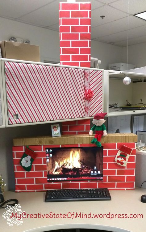 Xmas Office Decoration, Decorate My Cubicle, Office Xmas Decorations, Office Fireplace, Fireplace Photo, Corner Christmas Tree, Christmas Cubicle Decorations, Cube Decor, Christmas Contests