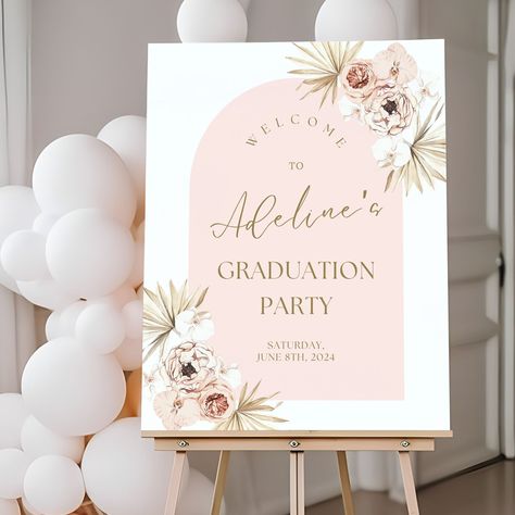 Pink Boho Floral Class of 2024 Graduation Party Welcome Sign | Custom Personalized High School or college Graduation Party Decorations Add a touch of elegance to their special day with our custom designed welcome signs, available in multiple finishes and material types: acrylic, metal, wood, framed museum-quality prints, or Foam board. All of our designs are made to order and fully customizable; created to match the style, decor and ambiance of your unique event.  Need a different color or font? Pink And Gold Grad Party, Floral Welcome Board, Graduation Party Welcome Sign, Graduation Welcome Sign, Graduation Party Inspiration, College Graduation Party Decorations, Floral Graduation Party, Graduation Poster, Graduation Yard Signs