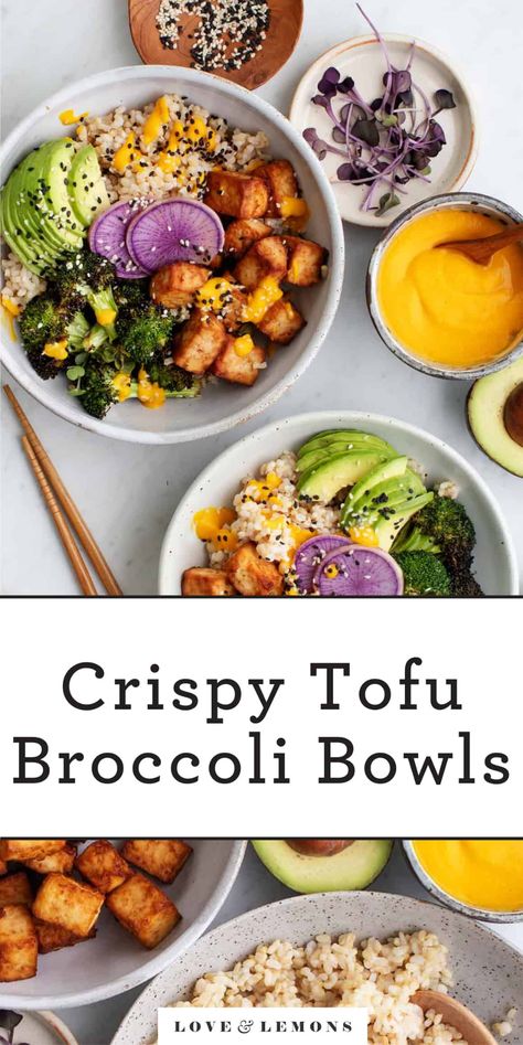 Healthy Grain Bowls, Broccoli Bowls, Lemons Recipes, Tofu Broccoli, Carrot Ginger Dressing, Grain Bowl Recipe, Baked Tempeh, Rice Broccoli, Bowl Meals