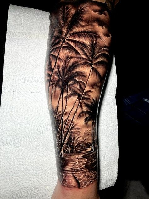 Florida Sleeve Tattoo, Forearm Tattoo Men Sleeve Stencil, Hawaiian Leg Tattoo, Beach Sleeve Tattoo, Beach Tattoo For Men, Surfing Tattoos, Beach Scene Tattoo, Jr Tattoo, Cool Animal Tattoos