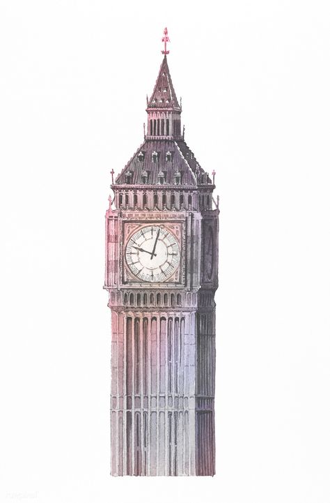 The Big Ben painted by watercolor | free image by rawpixel.com Big Ben Drawing, British Cookies, London Drawing, London Big Ben, London Illustration, London Painting, London Cityscape, Big Ben Clock, Pyrography Patterns