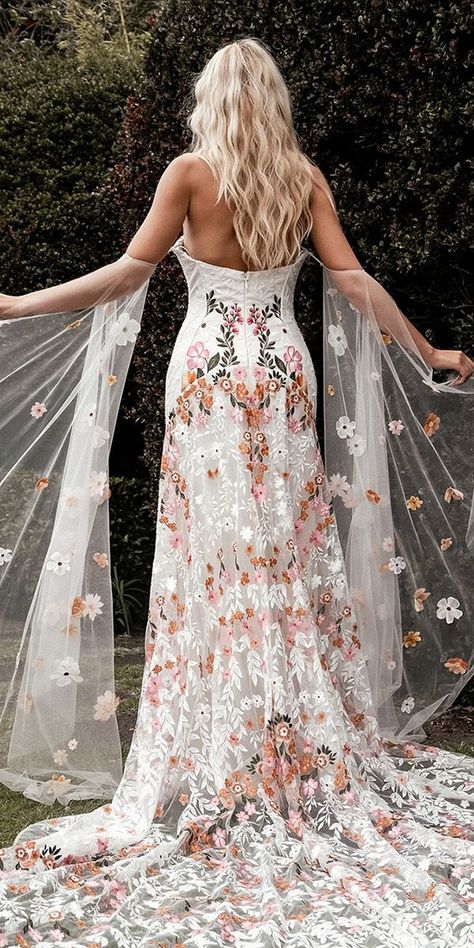 Floral Wedding Dresses: 24 Gowns For Your Magic Party Backless Floral Wedding Dress, Corset Floral Wedding Dress, Wedding Dress With Flower Embroidery, Bohemian Wedding Dress With Floral Embroidery, Luxury Floral Print Embroidered Wedding Dress, Flowy Wedding Dress With Floral Embroidery, Feminine Floral Embroidered Lace Wedding Dress, Botanical Wedding Dress, Floral Embroidered Wedding Corset Dress