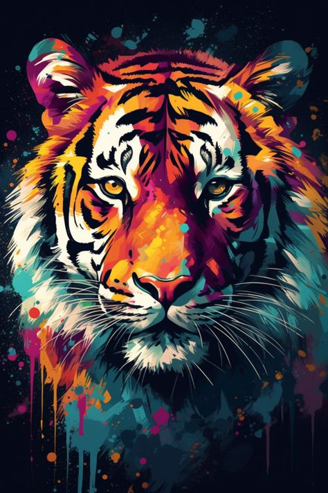 This mesmerizing artwork depicts a striking tiger, showcasing its fierce and beautiful nature, created with a vibrant palette of electric blue and other bold colors. Being a part of the Felidae family and a dominant carnivore, the tiger is an emblem of grace and power. The painting captures the minute intricacies of its whiskers, snout, and fur, truly highlighting the magnificence of this terrestrial mammal. #GiveMeMood #SiberianTiger #BengalTiger #Tiger #Felidae #Carnivore #Organism Tiger Painting Abstract, Colorful Animal Paintings, Animal Paintings Acrylic, Watercolor Tiger, Tiger Artwork, Tiger Drawing, Animal Illustration Art, Tiger Painting, Tiger Pictures