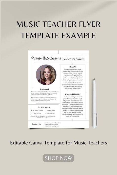 Gray, black, and white graphic mockup of an editable digital music teacher flyer template by Printing Mindfulness. This carousel post includes a blank template and a filled in example. Private Lessons Flyer, Flute Lessons, Music Studios, Teaching Philosophy, Music Flyer, Music Teachers, Music Student, Music Studio, Music Teacher