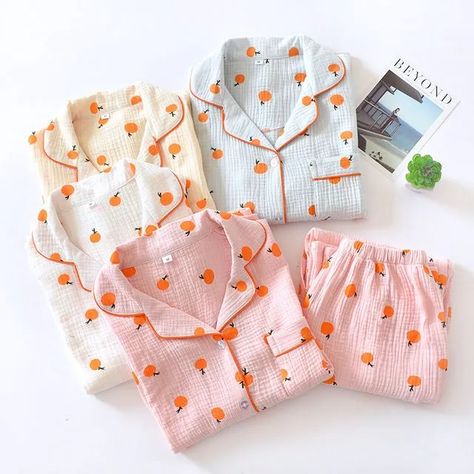 Pijamas Women, Cute Pjs, Cute Pajama Sets, Orange Print, Cotton Pajama Sets, Night Suit, Cute Pajamas, Shirt And Pants, Kimono Fashion