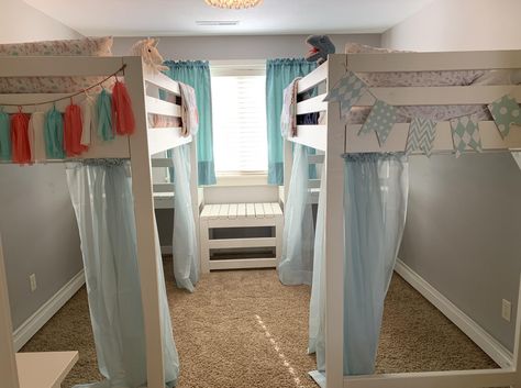 Bed Ideas For Two Sisters, Teen Shared Bedroom Loft Beds, Two Loft Bed Ideas For Small Rooms, Turn Twin Bed Into Loft Bed Diy, Loft Bed Shared Room Bedroom Ideas, 2 Loft Beds For Small Rooms, Loft Bed Toy Storage, Two Twin Loft Beds In One Room, Two Loft Beds In One Room Kids