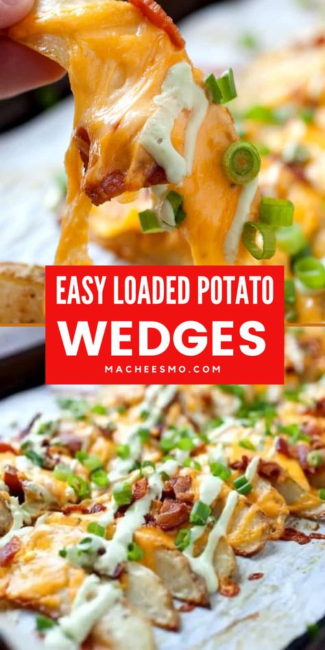 Loaded Baked Potato Wedges, Cheddar Bacon Potatoes, Potato Wedges Meal Ideas, Potato Wedge Nachos, Potato Wedges Loaded, Copycat Arbys Loaded Potato Bites, Potato Wedges With Cheese And Bacon, Loaded Potato Wedges Baked, Loaded Potato Nachos