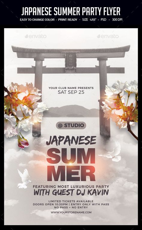 Japanese Summer Party Flyer - Clubs & Parties Events Flyer Graphic Design, Disco Event, Japanese Lighting, Summer Party Flyer, Japanese Summer, Japanese Ads, Party Flyer Template, Concert Flyer, Flyer Design Inspiration