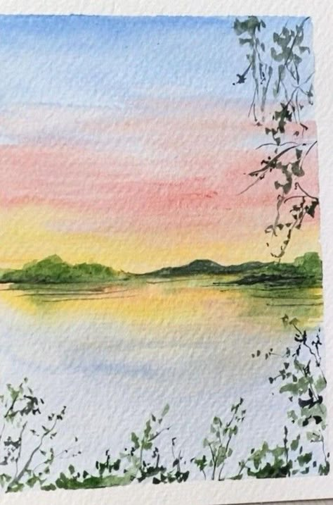 Landscape Ideas Drawing Watercolor, Landscape Design Watercolor, Simple Watercolor Landscapes For Beginners, Watercolor Art Patterns, Greece Watercolor Painting Easy, Simple Watercolor Scenery, Begginer Water Colour Paintings, Small Watercolor Landscapes, Watercolor Summer Art