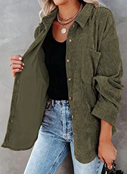 wkwmrpet Womens Corduroy Button Down Shirts Boyfriend Long Sleeve Oversized Jacket Tops Army Green : Amazon.ca: Clothing, Shoes & Accessories Dark Green Long Sleeve Shirt Outfit, Corduroy Blouse, Green Outfits, Green Corduroy, Pocket Shirt, Crop Top Blouse, Work Attire, Oversized Shirt, Outfit Inspirationen