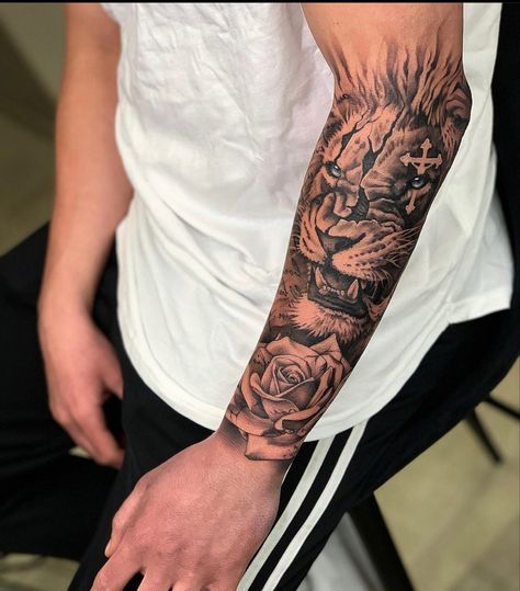 Outer Forearm Tattoo Men, Tattoo Ideas For Men Forearm, Tattoos Arm Mann, Arm Tattoos For Guys Forearm, Lion Forearm Tattoos, Outer Forearm Tattoo, Half Sleeve Tattoos Forearm, Lion Tattoo Sleeves, Rose Tattoos For Men