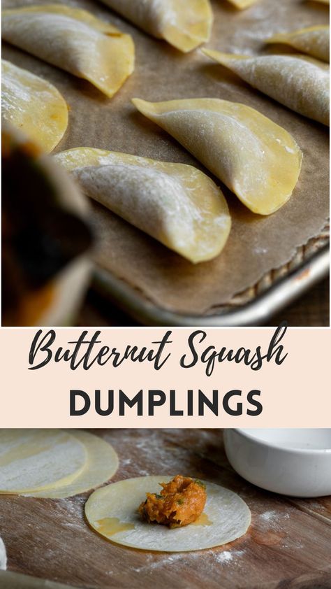 Butternut Squash Dumplings Butternut Squash Dumplings, Squash Dumplings, Miso Sauce, Mushroom Rice, Dumpling Wrappers, Butternut Squash Recipes, Mushroom Sauce, Rice Wine Vinegar, Winter Squash