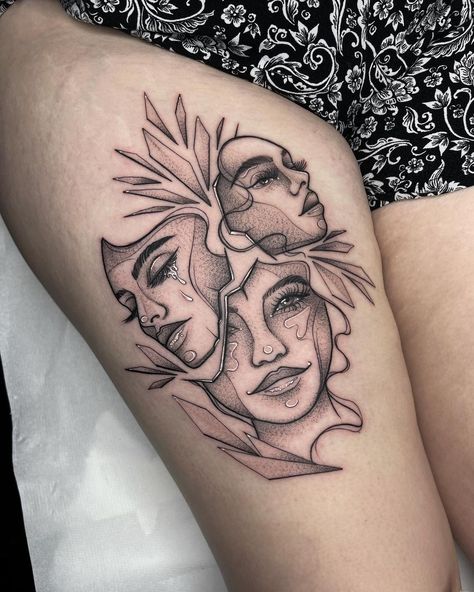 Double Faced Tattoo, Japanese 3 Faces Tattoo, Broken Face Tat, Two Faces Tattoo Woman, Theatre Faces Tattoo, Cracked Face Tattoo, Fine Line Portrait Tattoo, Front Calf Tattoos For Women, Escapism Tattoo