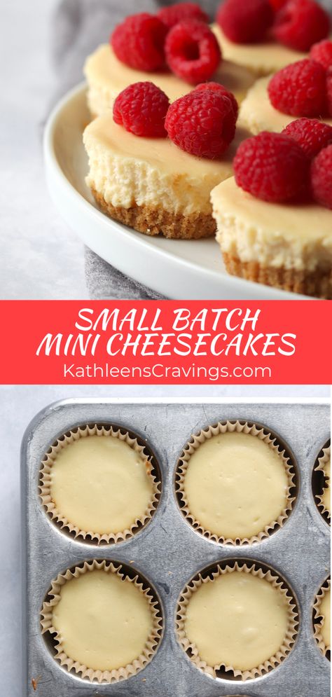 Mini Individual Cheesecakes, Cheesecake Recipes Mini Easy, Small Batch Cheesecake Cupcakes, Small Baked Cheesecake Recipe, Small Individual Cheesecakes, No Bake Cheesecake Muffin Tin, Cupcake Pan Cheesecakes, Tiny Cheesecake Recipes, Individual Cheese Cakes Recipes