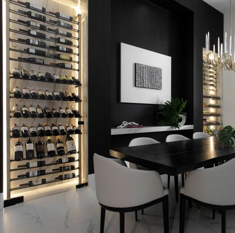 Wine Display Dining Room, Wine Rack Wall Modern, Wine Cabinet Design, Wine Wall Display, Wine Displays, Wine Cellar Wall, Wine Storage Wall, Contemporary Wine Cellar, Fine Dining Room