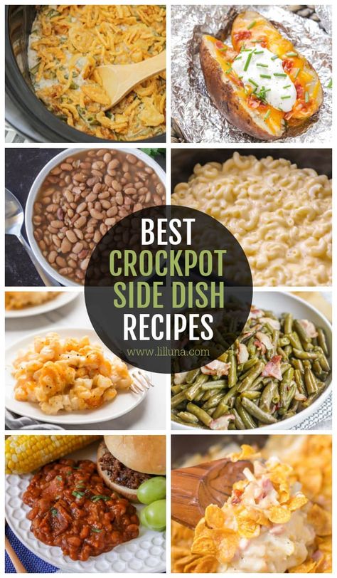 These set it and forget it side dishes won't heat the kitchen and can be made the morning of for a less stressful evening. Crockpot side dishes are delicious and easy. Win-win! #crockpot #slowcooker #crockpotsidedishes #sidedishes Crockpot Bbq Side Dishes, Crockpot Bbq Sides, Crockpot Cookout Sides, Easy Party Side Dishes, Crockpot Breakfast Potatoes, Christmas Party Side Dishes, Potluck Recipes Crockpot, Side Dishes Crockpot, Stuffing With Cranberries