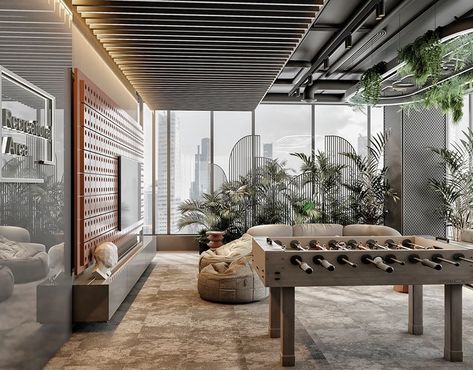 Recreational Area Design on Behance Multipurpose Room Design, Office Lounge Area Design, Office Lounge Area, Modern Game Room, Dubai Villa, Lounge Room Design, Clubhouse Design, Gaming Lounge, Recreational Area