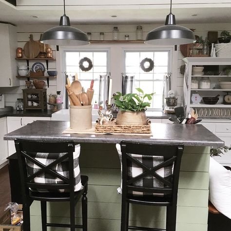 1,239 Likes, 426 Comments - Donna (@gramsfarmhouse) on Instagram: “Good Morning! Hope you are all well. I haven��’t posted for almost a week. My heart is just not into…” Kitchen Island Lighting Ideas, Island Lighting Ideas, Bold Kitchen, Bucket Light, Neutral Kitchen, Statement Chandeliers, All White Kitchen, Farmhouse Chandelier, Elegant Kitchens