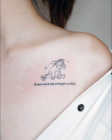 Winnie The Pooh Tattoo Eeyore, Tigger Tattoo Small Simple, Cute Eeyore Tattoo, Simple Eeyore Drawing, Eyore Tattoo Quotes Eeyore, Eeyore Quotes Tattoo, Tiny Eeyore Tattoo, Disney Tattoo Quotes Small, Eore Winnie The Pooh Tattoos