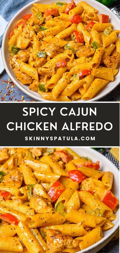 Spicy Cajun Chicken Alfredo – Skinny Spatula Spicy Pasta Recipes Chicken, Chicken Peppers Pasta Recipes, Cajun Chicken Alfredo Instant Pot, Pioneer Woman One Pot Cajun Alfredo, Easy Cajun Dinner Recipes, Cheddars New Orleans Cajun Pasta, Creamy Cajun Alfredo Pasta, Spicy Cajun Sauce, Light Cajun Chicken Pasta