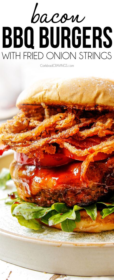 Fried Onion Strings, Bbq Burger Recipes, Onion Strings, Backyard Grill, Carlsbad Cravings, Bbq Burgers, Bbq Bacon, Bacon Burger, Best Bacon