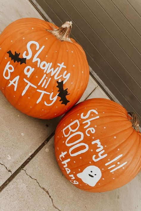 20 Spooky and Creative Pumpkin Painting Ideas You Can Recreate At Home - Its Claudia G Funny Easy Pumpkin Painting Ideas, Pumpkin Painting Ideas 2 People, Halloweentown Pumpkin Painting, Aesthetic Pumpkins Painting, Paint Your Own Pumpkin Party, Hey Boo Pumpkin Painting, Preppy Painting Pumpkins, Shawty A Lil Batty Pumpkin, Chick Fil A Pumpkin Painting