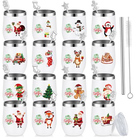 PRICES MAY VARY. Package Includes: this 12 oz wine tumbler set includes 16 Christmas wine tumblers with lids, 16 Christmas spoons in 4 styles, 16 stainless steel straws and 16 cleaning brushes; Ideal for hosting festive gatherings or gifting as Christmas tumbler gifts Stylish Christmas Design: each wine tumbler features a cute Christmas theme pattern like Santa Claus, snowman, Christmas tree, gingerbread man, and more, adding a festive touch to your celebrations; These Christmas tumblers gift ar Christmas Party Gifts For Guests, Bulk Christmas Gift Ideas, Xmas Party Decorations, Tag Quotes, Women Christmas Gifts, Christmas Spoons, Coworkers Christmas, Christmas Gifts For Coworkers, Christmas Party Gift