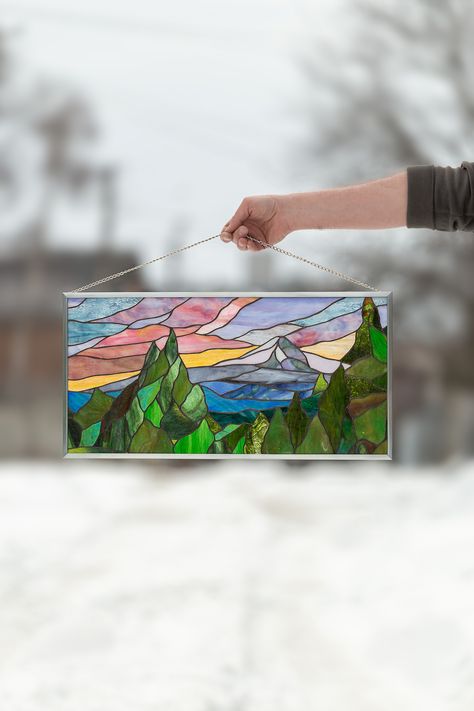 Stained Glass Mountain Scene, Stained Glass Mountains, Stained Glass Landscape, Mount Hood Oregon, Stained Glass Gifts, Cherokee Dress, Art Mountains, Modern Stained Glass, Glass Fusing Projects