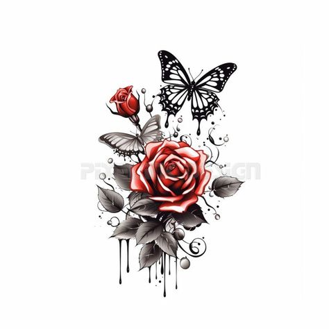 Rose With Scroll Tattoo, Rose With Butterfly Tattoo For Women, Rose And Butterfly Tattoo Design, Unique Butterfly Tattoo Creative, Butterfly Rose Tattoo, Roses With Butterflies, Tattoo White Background, Rose And Butterfly Tattoo, Butterflies Tattoo