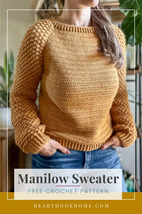 The Manilow sweater has such texture! Make the sleeves separately and attach to the double crochet body. This is a fun pattern for the confident beginner. Follow along with the free pattern, available XS to 2XL. Crochet Vneck Sweater Pattern Free, Bulky Crochet Sweater Pattern Free, Crochet Sweaters Free, Double Knit Crochet Patterns Free, Fall Sweater Crochet Pattern, Easy Crochet Pullover Free Pattern, Beginner Sweater Crochet Pattern Free, Crochet Sweater Panels, Crochet Pattern Sweater Free