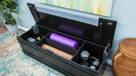 DIY Gym in a Box Workout Storage, Gym Organization Ideas, Gym Equipment Storage, Home And Family Crafts, Home Gym Organization, Cameron Mathison, Gym Organizer, Hallmark Homes, Diy Home Gym