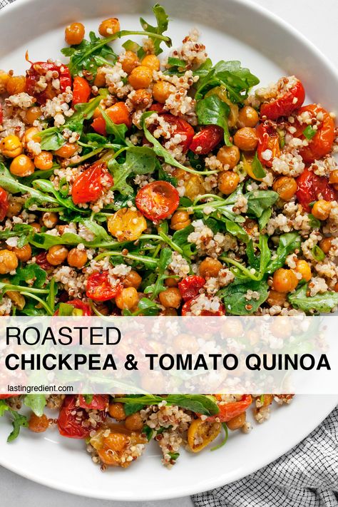 Quinoa And Tomato Recipes, Arugula Quinoa Salad Recipes, Chickpea Quinoa Recipes, Chickpea And Quinoa Recipes, Vegan Tomato Salad, Quinoa And Arugula Salad, Chickpea And Quinoa Salad, Spinach Tomato Salad, Roast Chickpea Salad