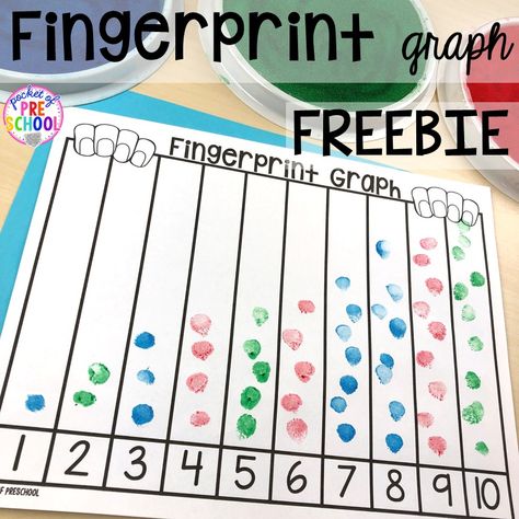 Fingerprint counting graph freebie! My Body themed centers and activities FREEBIES too! Preschool, pre-k, and kindergarten kiddos will love these centers. Pre Kindergarten Activities, Centers Preschool, Centers Kindergarten, Pocket Of Preschool, Kraftangan Prasekolah, Prek Math, Kindergarten Math Activities, Pre K Activities, Numbers Preschool