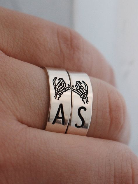 Matching Rings For Best Friends, Rings For Best Friends, Initial Fonts, Pinky Swear, Hand Stamped Ring, Stamped Rings, Friendship Rings, Stacking Ring Set, Pinky Promise