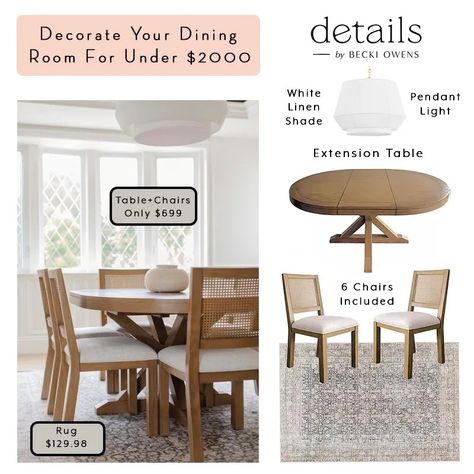 Decorate Your Dining Room For Under $2000. - Becki Owens Blog Beckie Owens, Moving Into Your First Home, Cane Back Chairs, Becki Owens, Extension Dining Table, Furniture Pieces, High Quality Furniture, First Home, Lighting Collections