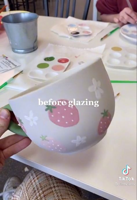 Pottery Paint Ideas For Beginners, Pottery Cup Painting Ideas Simple, Strawberry Pinch Pot, Strawberry Mug Pottery, Pastel Pottery Painting, Color Me Mine Designs, Color Me Mine Mugs, Sanrio Pottery Painting, Color Me Mine Ideas Aesthetic