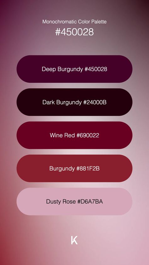 Monochromatic Color Palette Deep Burgundy #450028 · Dark Burgundy #24000B · Wine Red #690022 · Burgundy #881F2B · Dusty Rose #D6A7BA Red Wine Colour Palette, Mixed Berry Color Palette, Burgundy Color Pallet, Colour Palette Burgundy, Winter Berry Color Palette, Deep Red Colour Palette, Blackberry Color Palette, Maroon Color Palette Colour Schemes, Burgundy Color Palette Colour Schemes