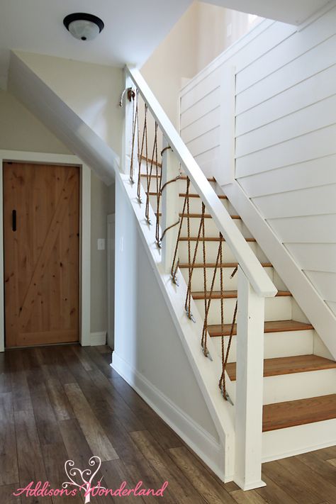 Lakehouse White Shiplap Wall Nautical Rope Stair Railing Barn Door - Addison's Wonderland Trim Staircase, Cottage Stairs, Rope Railing, Design With Rope, Stair Gate, White Shiplap Wall, Shiplap Wall, Luxury Bedroom Design, White Shiplap