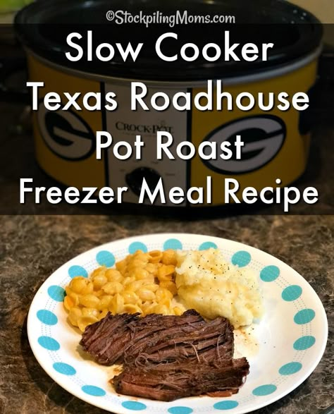 Slow Cooker Texas Roadhouse Pot Roast Freezer Meal Recipe is good and taste just like the going to the restaurant! Pot Roast Freezer Meal, Roast Freezer Meal, Freeze Meals, Freezer Ideas, German Schnitzel, Steak Marinated, Copycat Texas Roadhouse, Freezer Dinners, Slow Cooker Freezer Meals